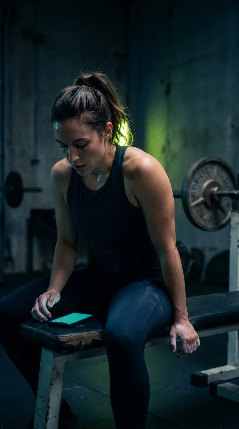 Athlete checking her training progress on her phone between sets