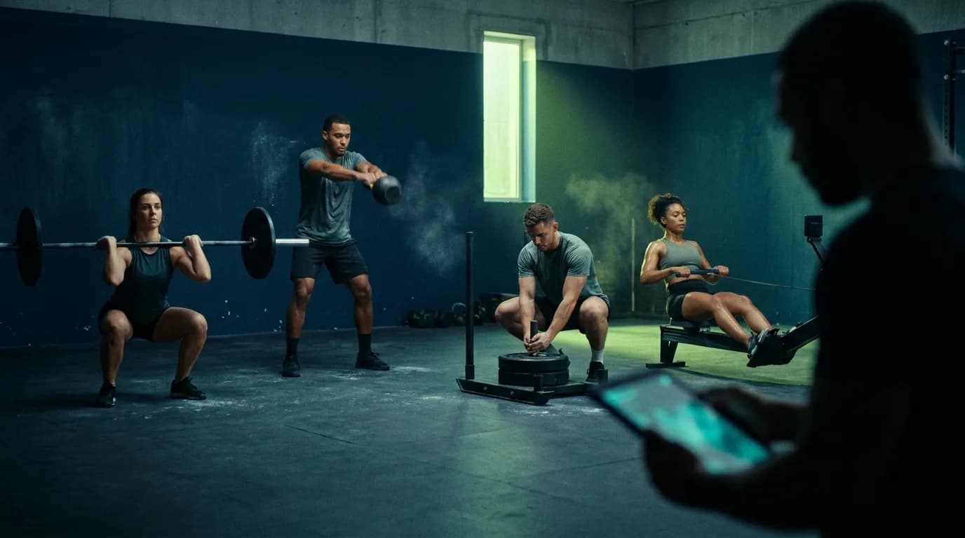 Group training session in full swing on a gym floor