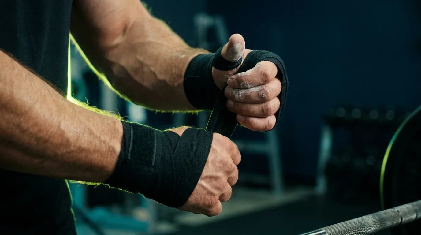 Athlete wrapping his wrists before a heavy session