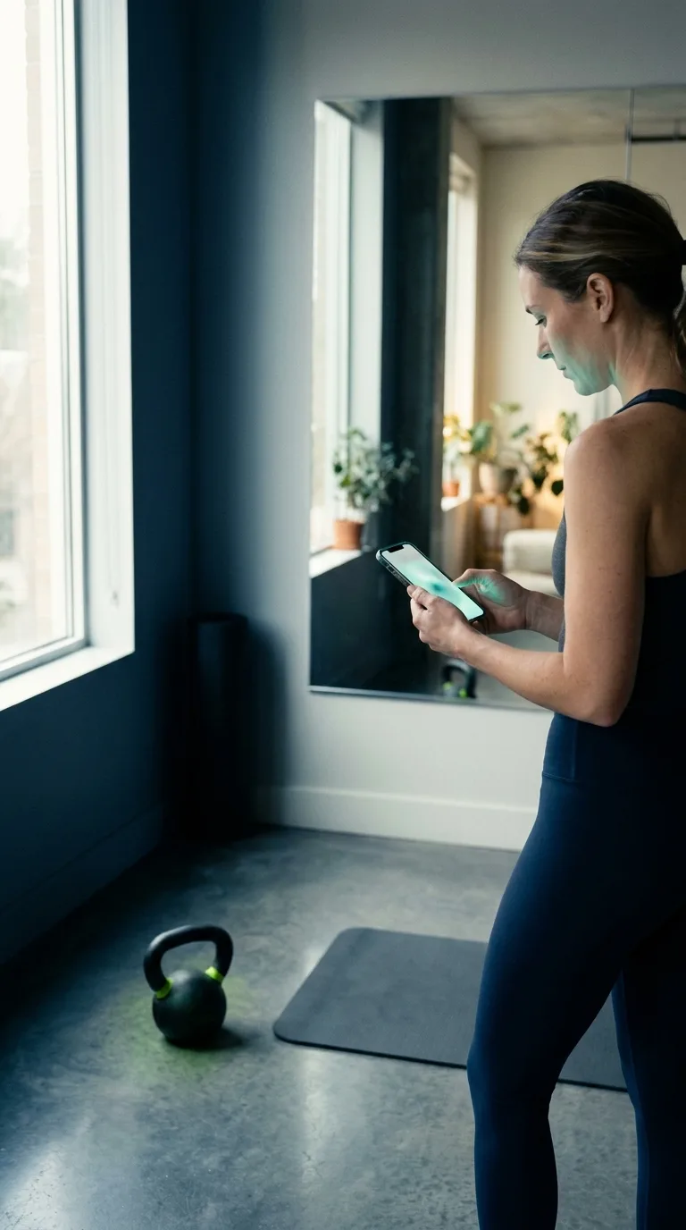 Client at home reading her workout for the day on her phone