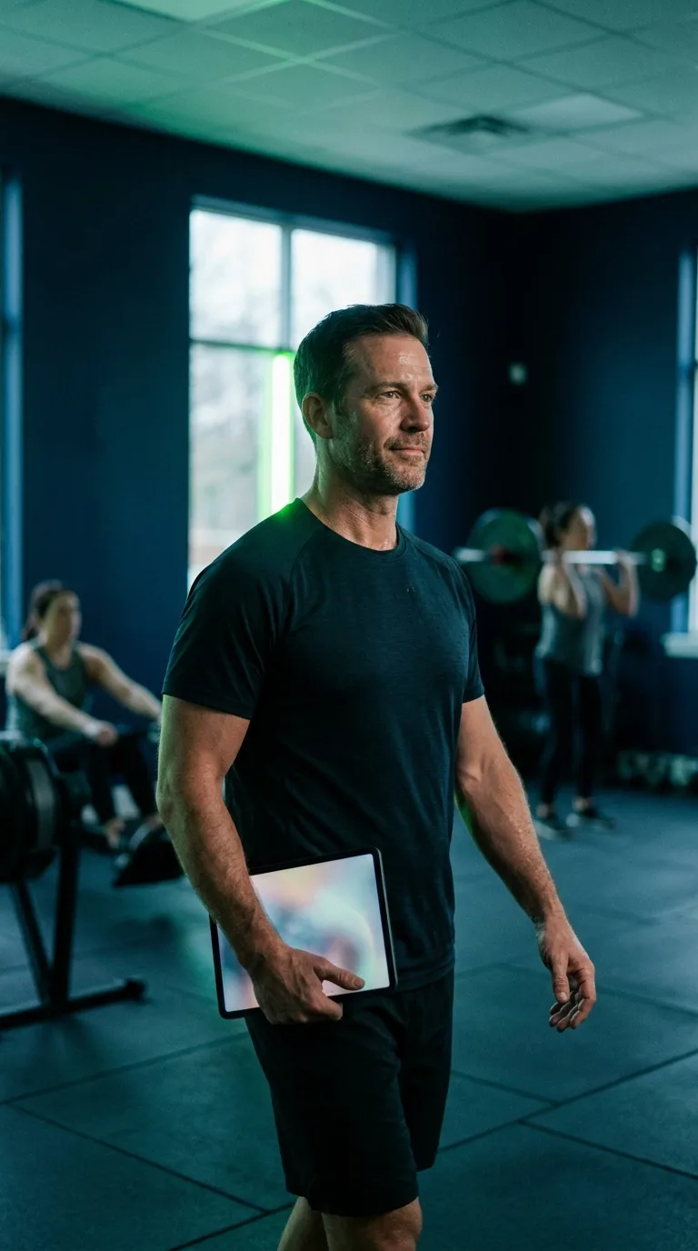 Studio owner walking the gym floor with a tablet, members training in the background