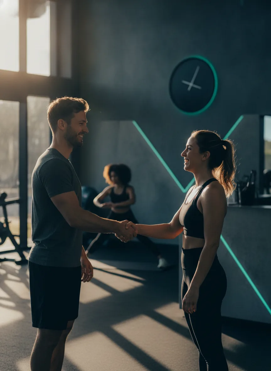 Coach warmly greeting a new client with a handshake at the gym entrance