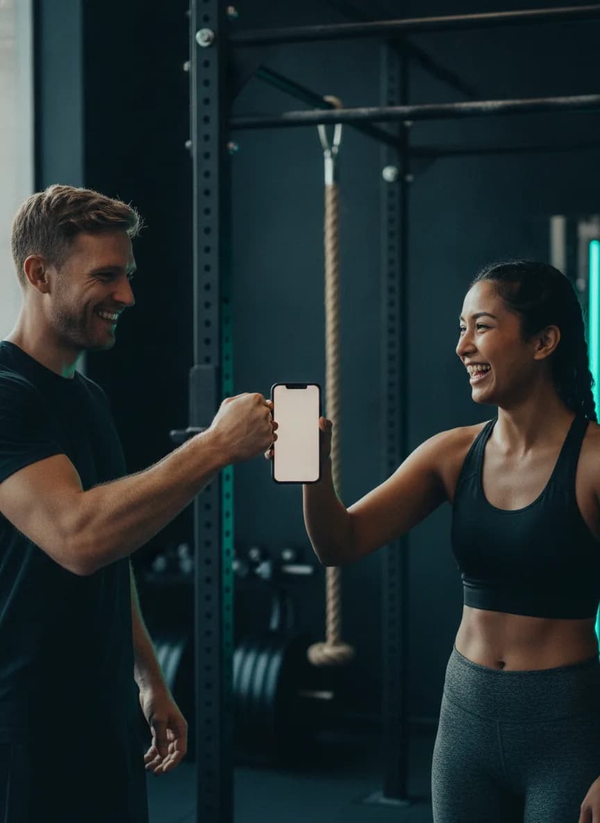 Coach celebrating a client's successful lift in a strength studio