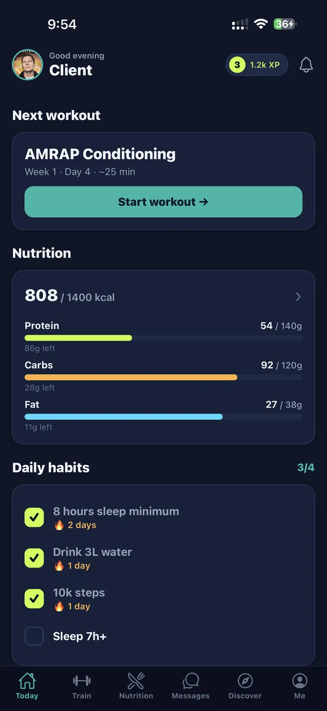The Today screen in the Repstra app, where the daily check-in starts