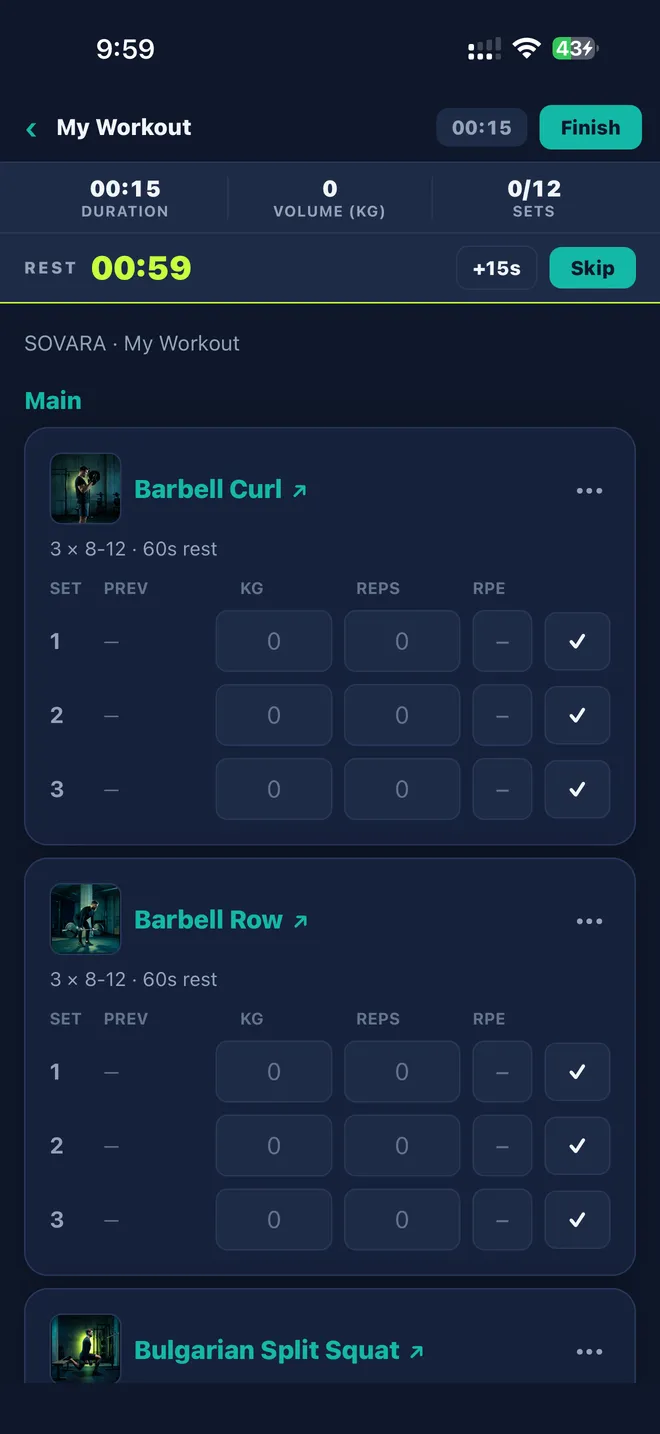 Repstra iOS app — live workout player with rest timer, sets, reps and RPE logging