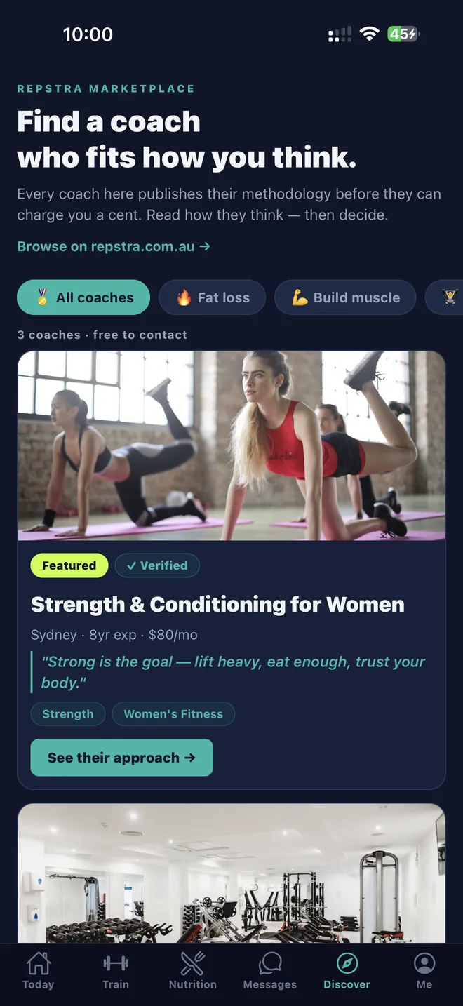 Repstra iOS app — marketplace where clients discover and contact coaches