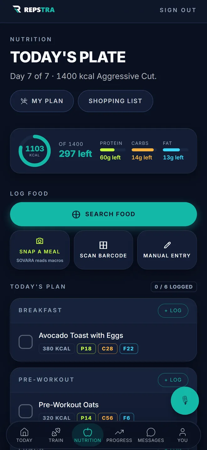 The Nutrition tab in the Repstra app with logged meals and macro totals