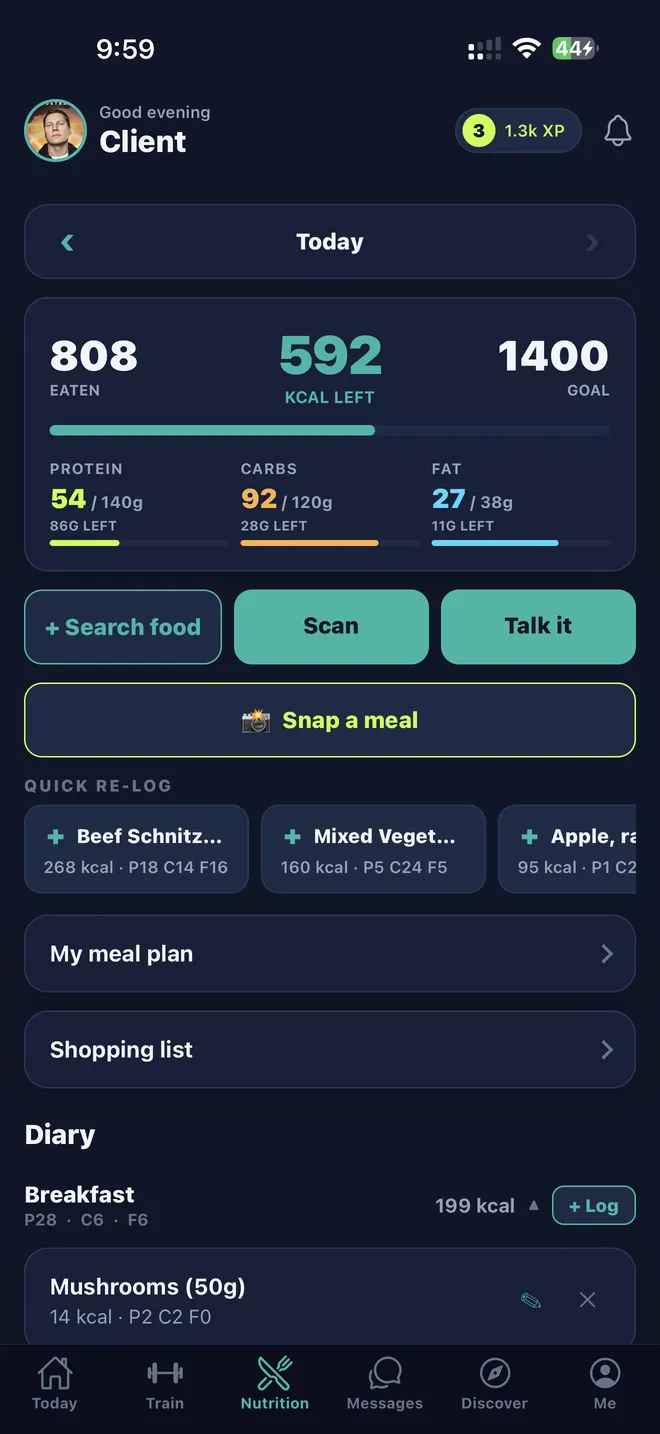 Repstra iOS app — nutrition tab with macro targets, barcode scan, voice logging and AI photo meal scan