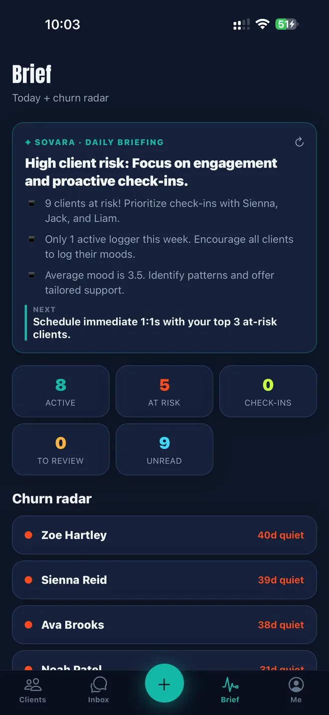 Repstra iOS app — SOVARA daily briefing with churn radar flagging quiet clients
