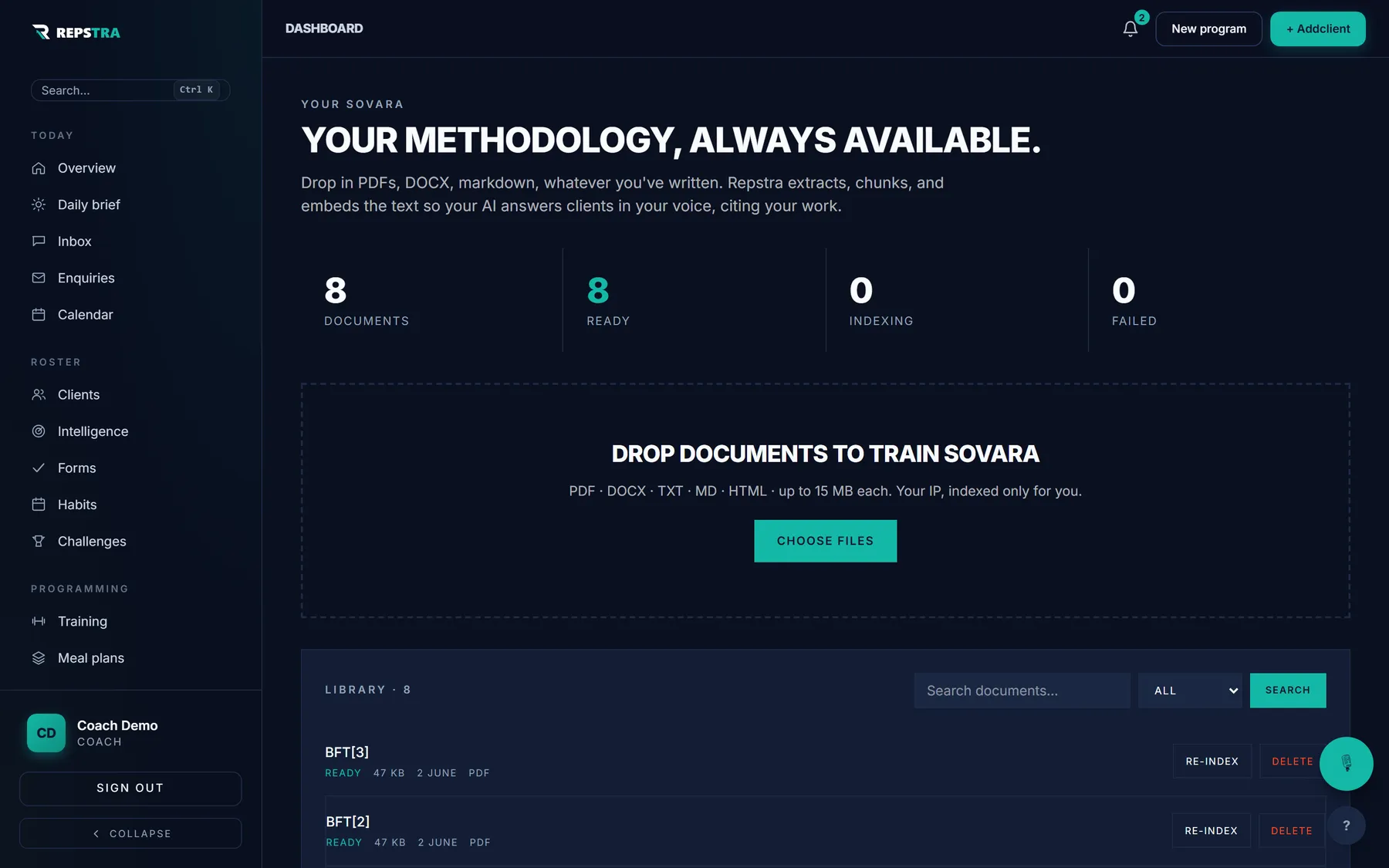 Repstra coach dashboard — Coaching Brain document store that trains your SOVARA only
