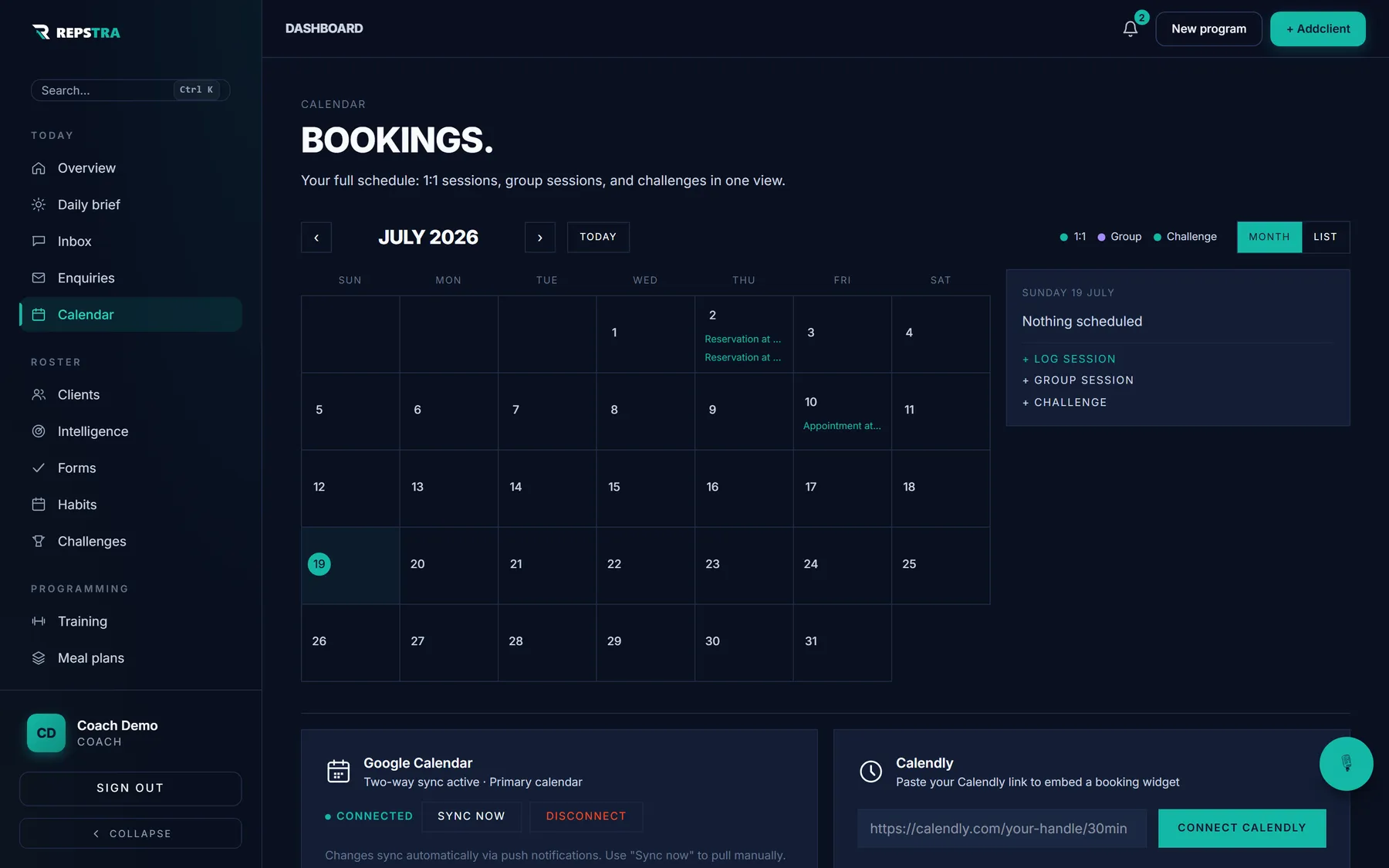 Repstra coach dashboard — bookings calendar with Google Calendar two-way sync connected