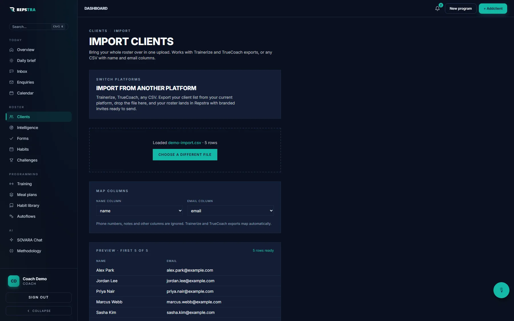 The client importer with a CSV loaded — column mapping and preview table