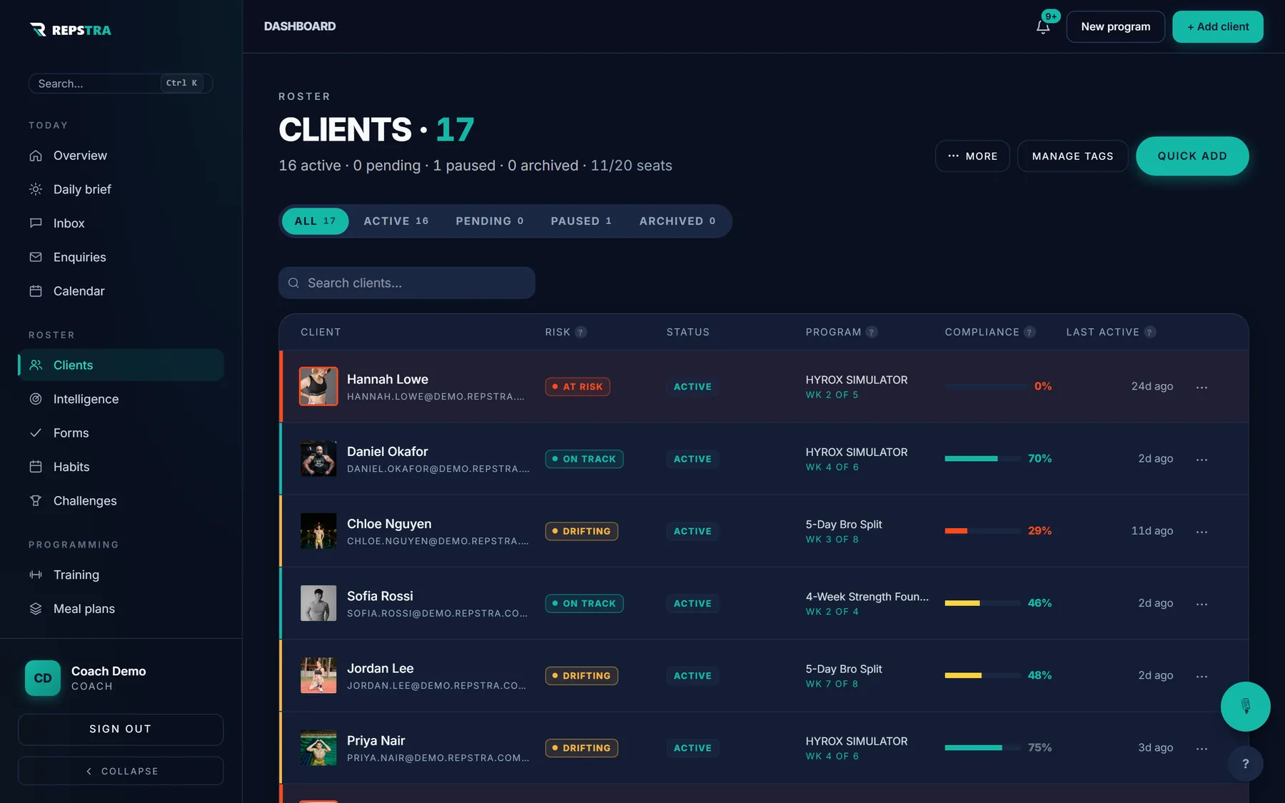 The Repstra client roster, where Quick add lives