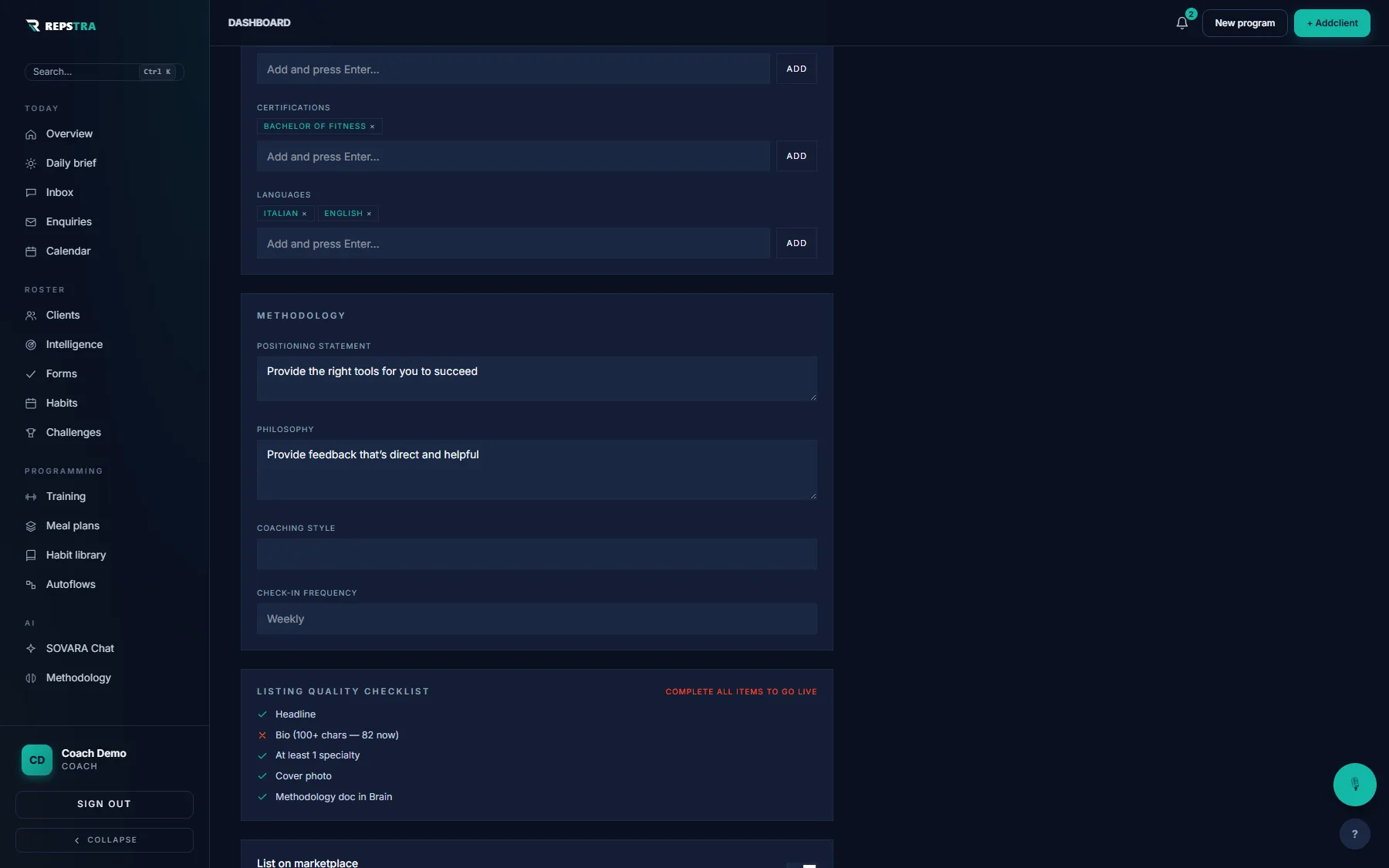 The marketplace profile editor: methodology fields and the listing quality checklist