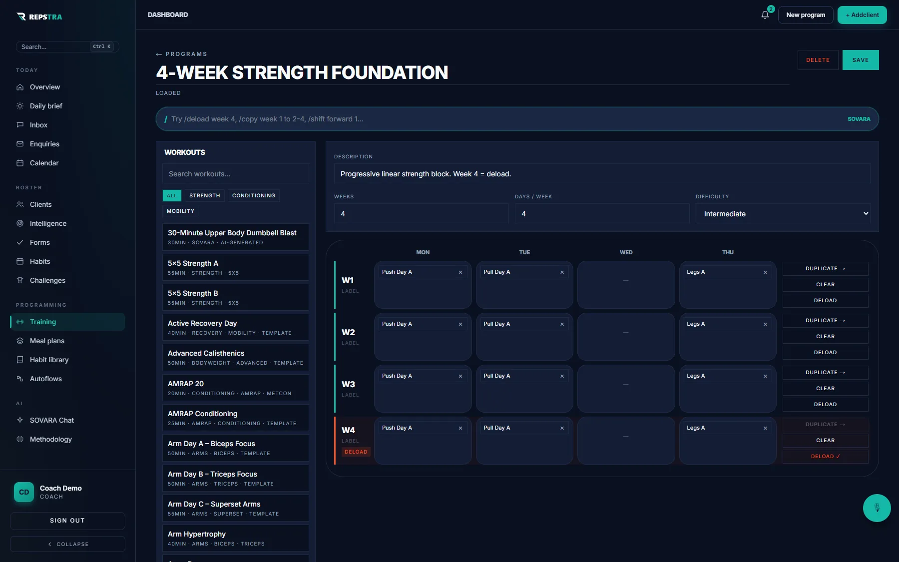 The program editor: a 4-week grid with workouts placed and week 4 marked as a deload