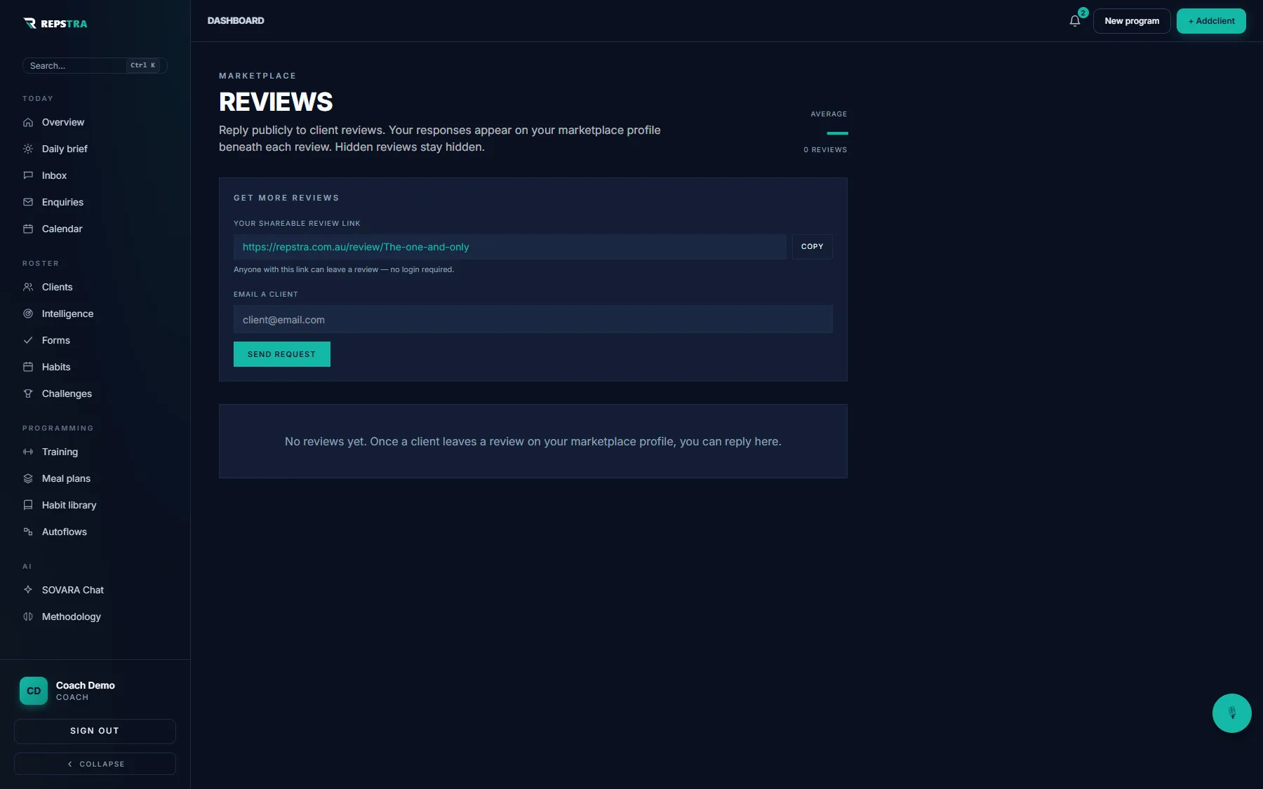 The Reviews page with the Get more reviews card — shareable link and email sender