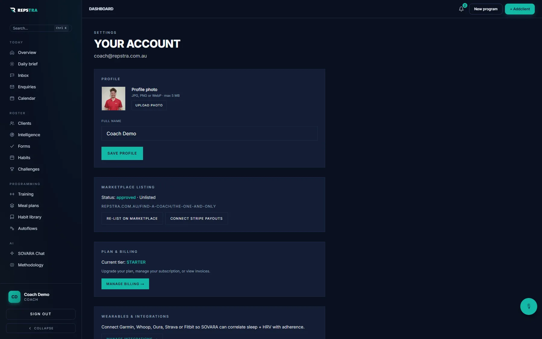 Settings with the Marketplace listing section showing the Connect Stripe payouts button