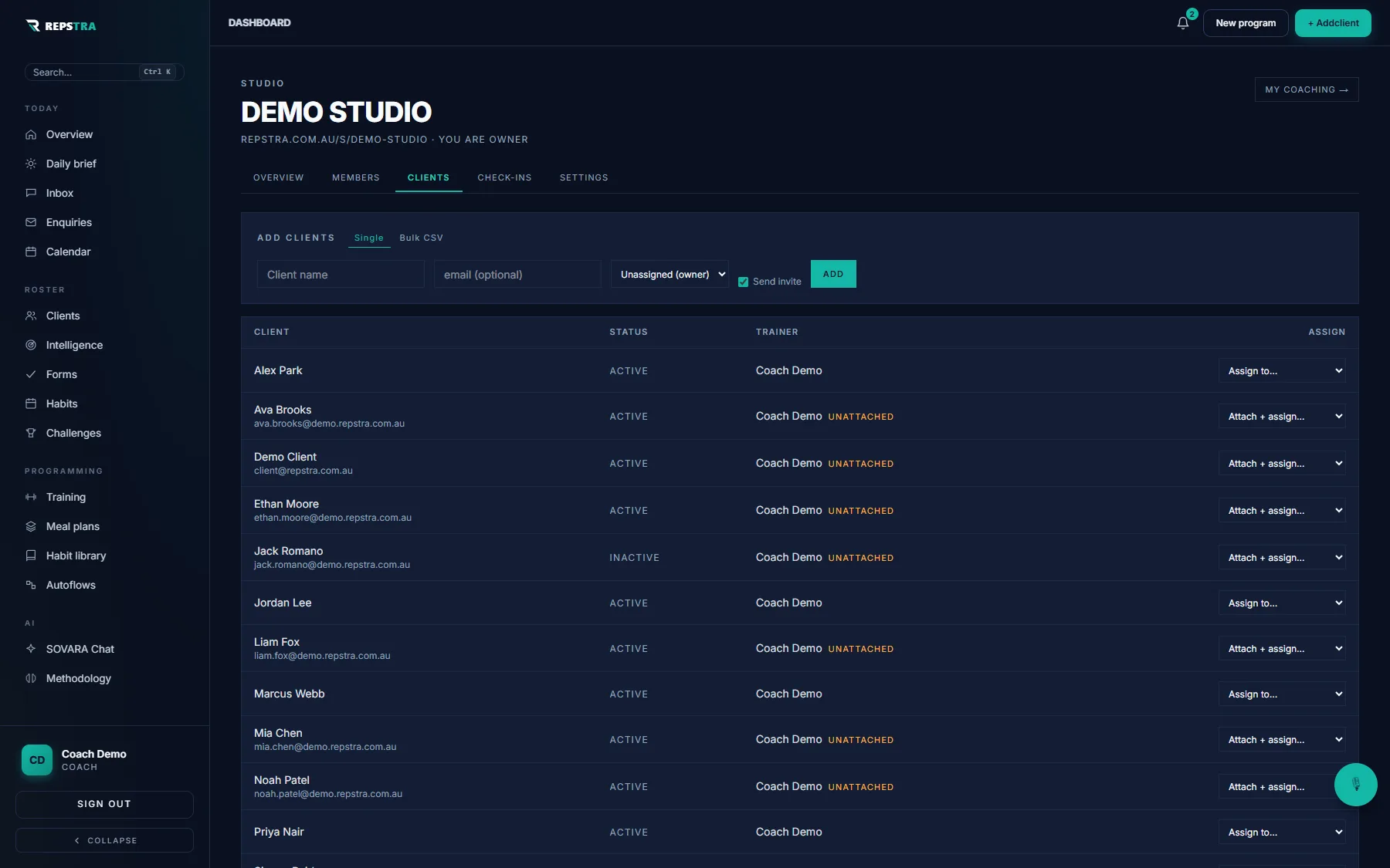 The studio client roster with the Assign column of trainer dropdowns