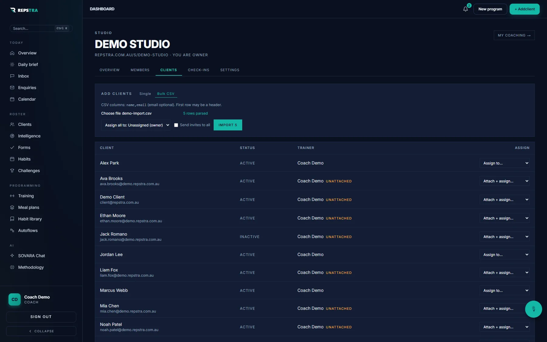 Studio Clients tab — Bulk CSV import with rows parsed and the member roster below