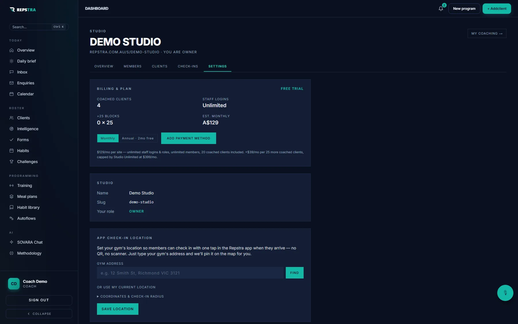 Studio Settings with the App check-in location card — gym address field and Find button