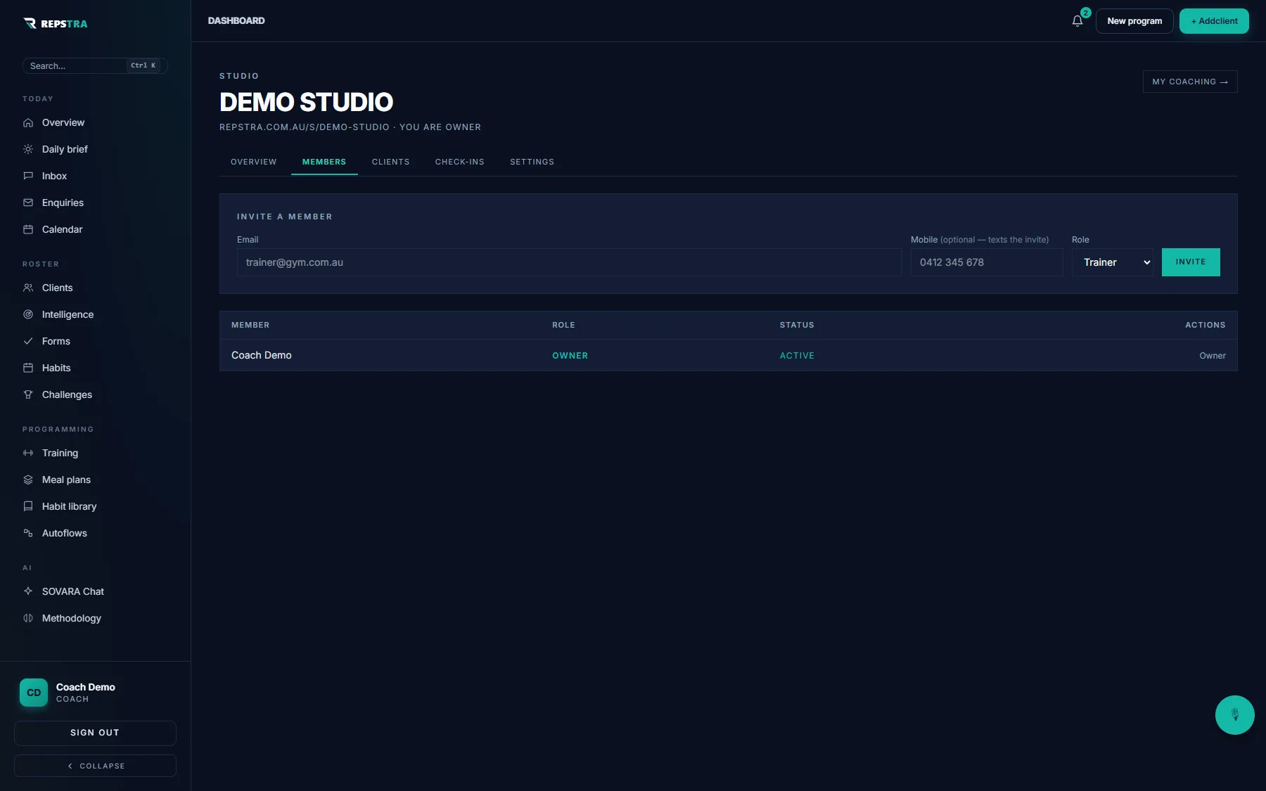 Studio Members tab — the Invite a member card with email, mobile and role fields
