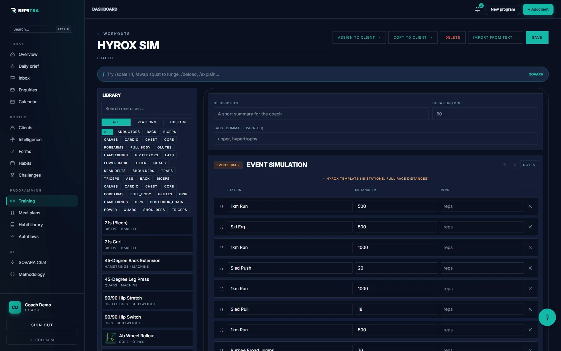 The workout editor: a Hyrox event-simulation workout with the exercise library rail open